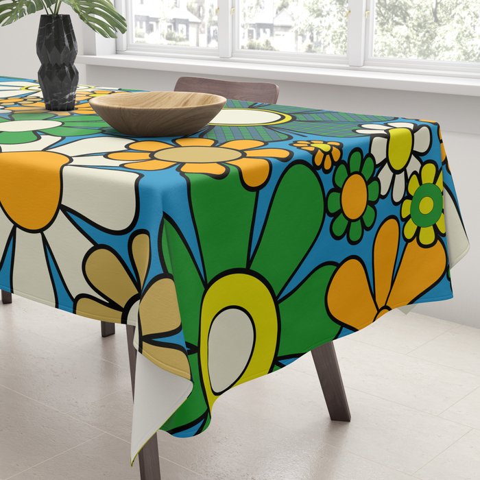 Retro Garden Groovy Maximalist Gingham Flowers 60s 70s Floral Pattern Green Blue Orange Yellow Tablecloth Gallery Image 3