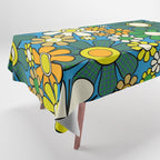 Retro Garden Groovy Maximalist Gingham Flowers 60s 70s Floral Pattern Green Blue Orange Yellow Tablecloth Gallery Image 1