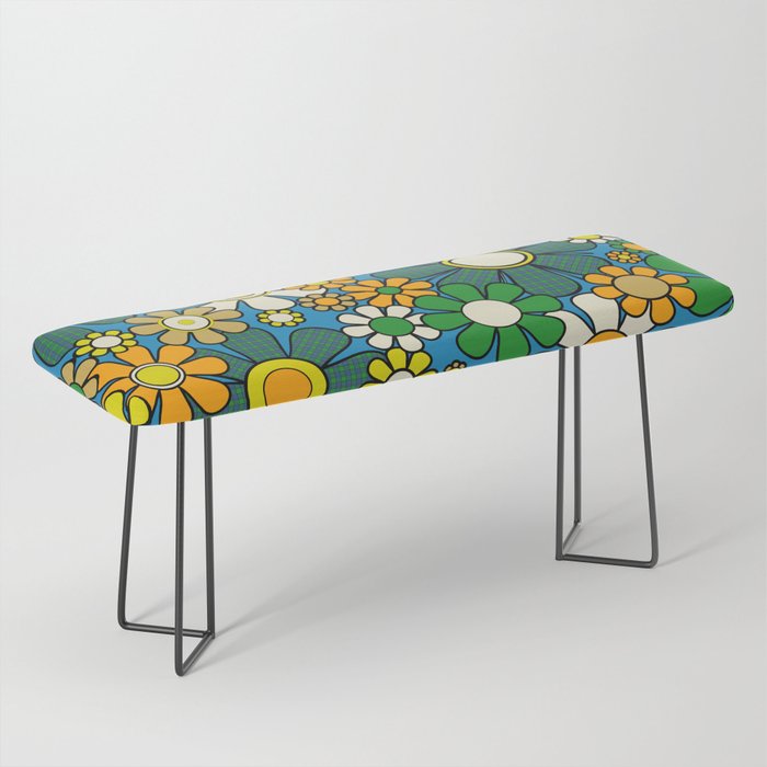 Retro Garden Groovy Maximalist Gingham Flowers 60s 70s Floral Pattern Green Blue Orange Yellow Bench Gallery Image 1