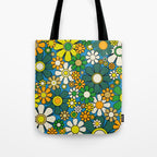 Retro Garden Groovy Maximalist Gingham Flowers 60s 70s Floral Pattern Green Blue Orange Yellow Tote Bag Gallery Image 1