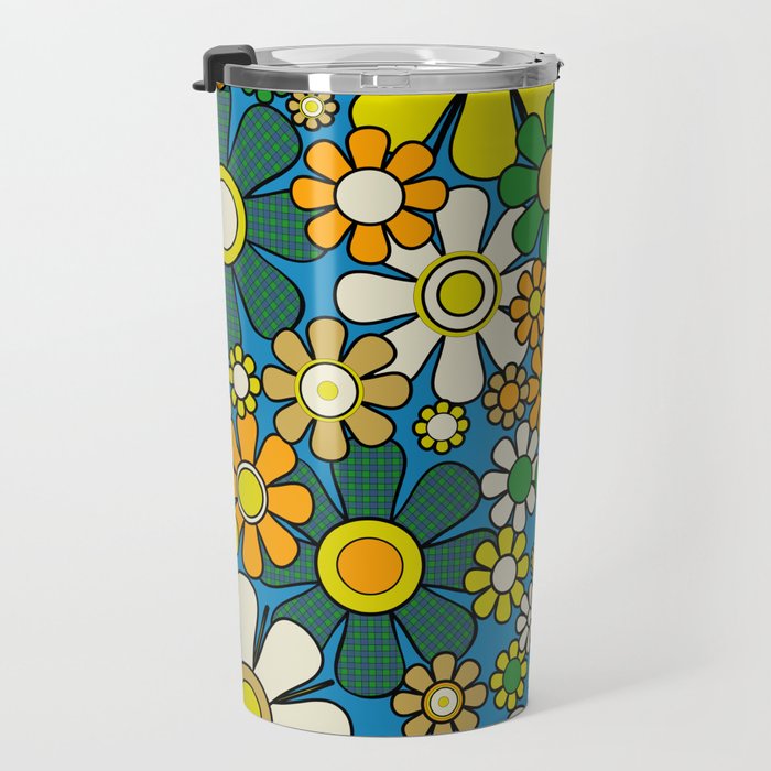 Retro Garden Groovy Maximalist Gingham Flowers 60s 70s Floral Pattern Green Blue Orange Yellow Travel Mug Gallery Image 3