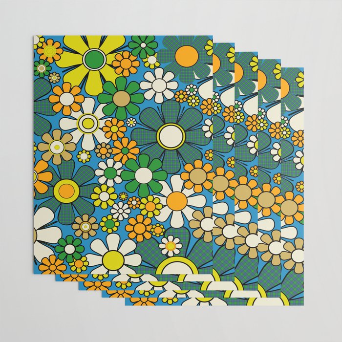 Retro Garden Groovy Maximalist Gingham Flowers 60s 70s Floral Pattern Green Blue Orange Yellow Wrapping Paper Gallery Image 3