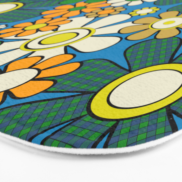 Retro Garden Groovy Maximalist Gingham Flowers 60s 70s Floral Pattern Green Blue Orange Yellow Bath Mat Gallery Image 3
