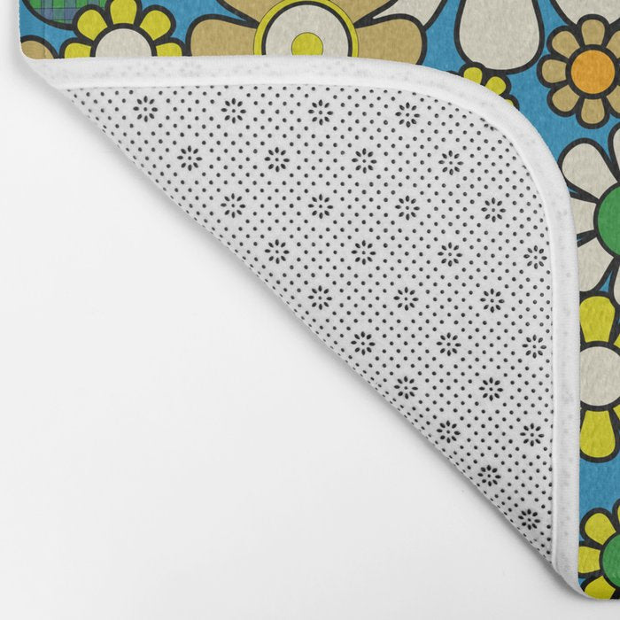 Retro Garden Groovy Maximalist Gingham Flowers 60s 70s Floral Pattern Green Blue Orange Yellow Bath Mat Gallery Image 2
