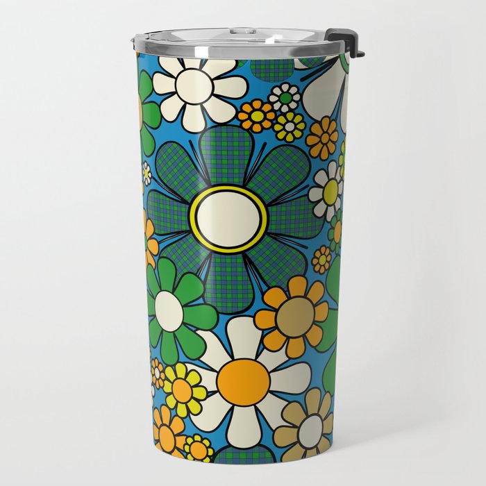 Retro Garden Groovy Maximalist Gingham Flowers 60s 70s Floral Pattern Green Blue Orange Yellow Travel Mug Gallery Image 2