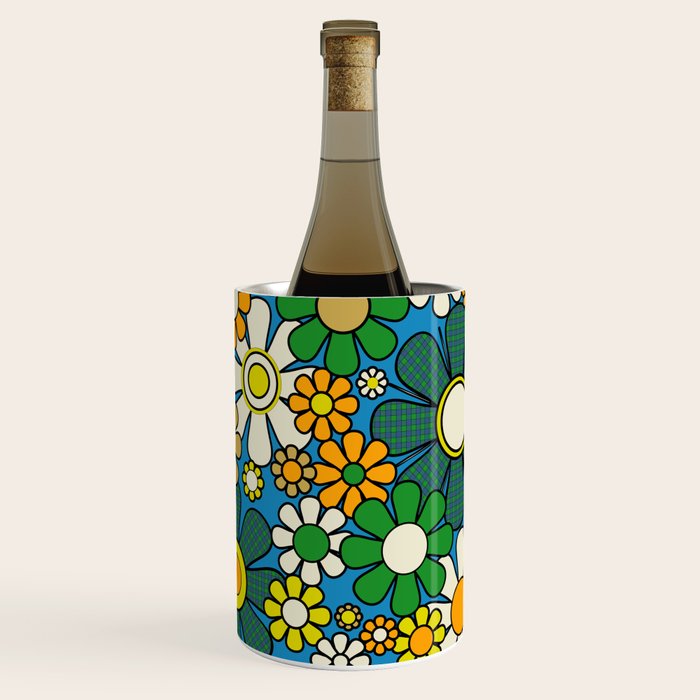 Retro Garden Groovy Maximalist Gingham Flowers 60s 70s Floral Pattern Green Blue Orange Yellow Wine Chiller Gallery Image 1