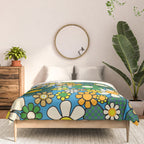 Retro Garden Groovy Maximalist Gingham Flowers 60s 70s Floral Pattern Green Blue Orange Yellow Comforter Gallery Image 3