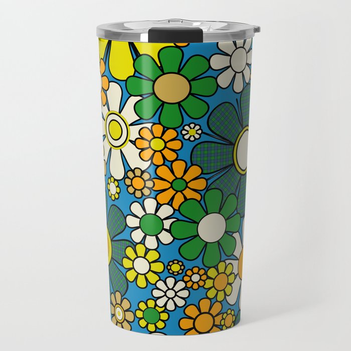 Retro Garden Groovy Maximalist Gingham Flowers 60s 70s Floral Pattern Green Blue Orange Yellow Travel Mug Gallery Image 1