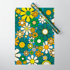Retro Garden Groovy Maximalist Gingham Flowers 60s 70s Floral Pattern Green Blue Orange Yellow Wrapping Paper Gallery Image 1