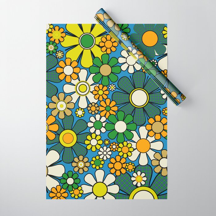 Retro Garden Groovy Maximalist Gingham Flowers 60s 70s Floral Pattern Green Blue Orange Yellow Wrapping Paper Gallery Image 1