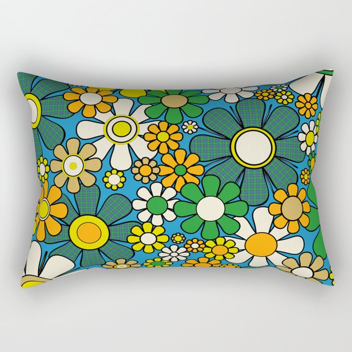 Retro Garden Groovy Maximalist Gingham Flowers 60s 70s Floral Pattern Green Blue Orange Yellow Rectangular Pillow Gallery Image 2