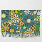 Retro Garden Groovy Maximalist Gingham Flowers 60s 70s Floral Pattern Green Blue Orange Yellow Wall Hanging Gallery Image 1