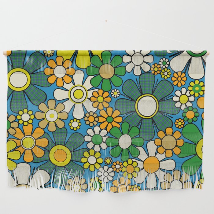Retro Garden Groovy Maximalist Gingham Flowers 60s 70s Floral Pattern Green Blue Orange Yellow Wall Hanging Gallery Image 1