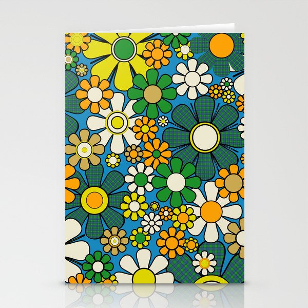 Retro Garden Groovy Maximalist Gingham Flowers 60s 70s Floral Pattern Green Blue Orange Yellow Stationery Card Gallery Image 1
