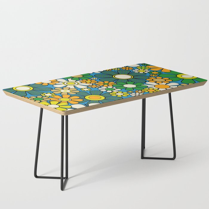Retro Garden Groovy Maximalist Gingham Flowers 60s 70s Floral Pattern Green Blue Orange Yellow Coffee Table Gallery Image 1