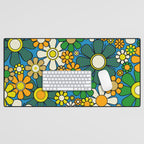 Retro Garden Groovy Maximalist Gingham Flowers 60s 70s Floral Pattern Green Blue Orange Yellow Desk Mat Gallery Image 1
