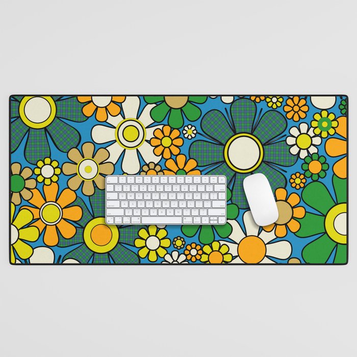 Retro Garden Groovy Maximalist Gingham Flowers 60s 70s Floral Pattern Green Blue Orange Yellow Desk Mat Gallery Image 1
