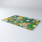 Retro Garden Groovy Maximalist Gingham Flowers 60s 70s Floral Pattern Green Blue Orange Yellow Rug Gallery Image 3