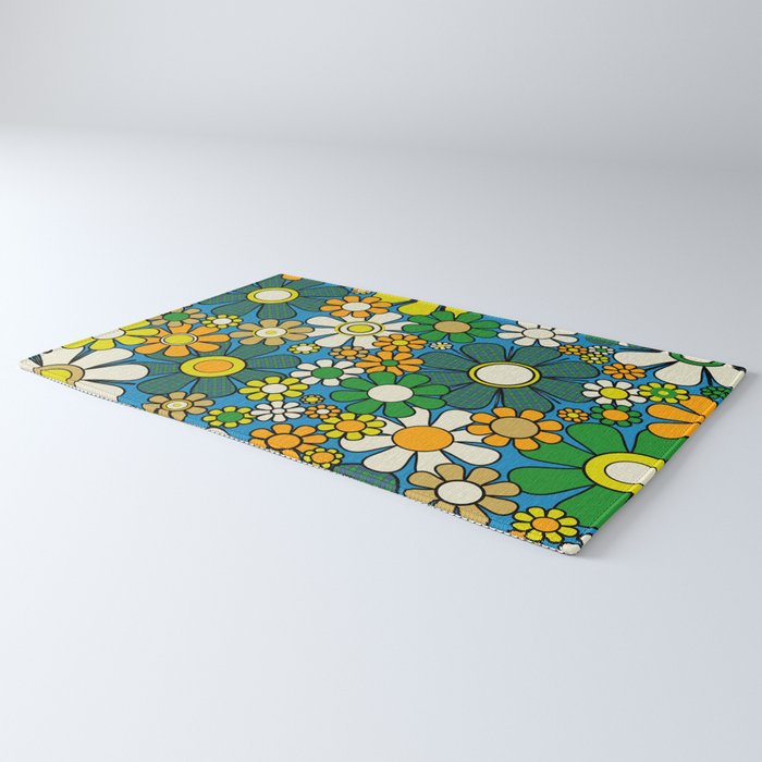 Retro Garden Groovy Maximalist Gingham Flowers 60s 70s Floral Pattern Green Blue Orange Yellow Rug Gallery Image 3