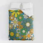Retro Garden Groovy Maximalist Gingham Flowers 60s 70s Floral Pattern Green Blue Orange Yellow Comforter Gallery Image 6