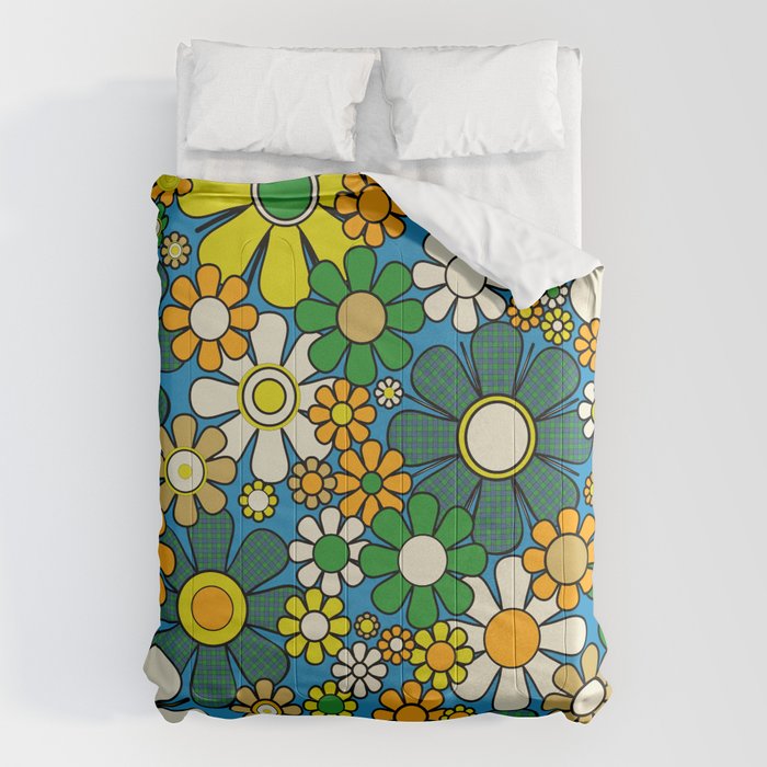 Retro Garden Groovy Maximalist Gingham Flowers 60s 70s Floral Pattern Green Blue Orange Yellow Comforter Gallery Image 6