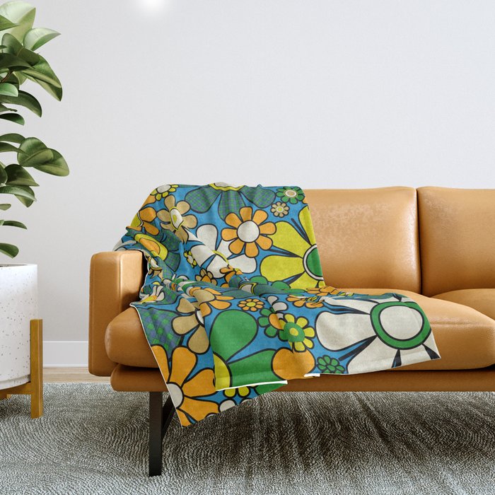 Retro Garden Groovy Maximalist Gingham Flowers 60s 70s Floral Pattern Green Blue Orange Yellow Throw Blanket Gallery Image 1