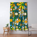 Retro Garden Groovy Maximalist Gingham Flowers 60s 70s Floral Pattern Green Blue Orange Yellow Window Curtain Gallery Image 5