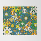 Retro Garden Groovy Maximalist Gingham Flowers 60s 70s Floral Pattern Green Blue Orange Yellow Throw Blanket Gallery Image 2
