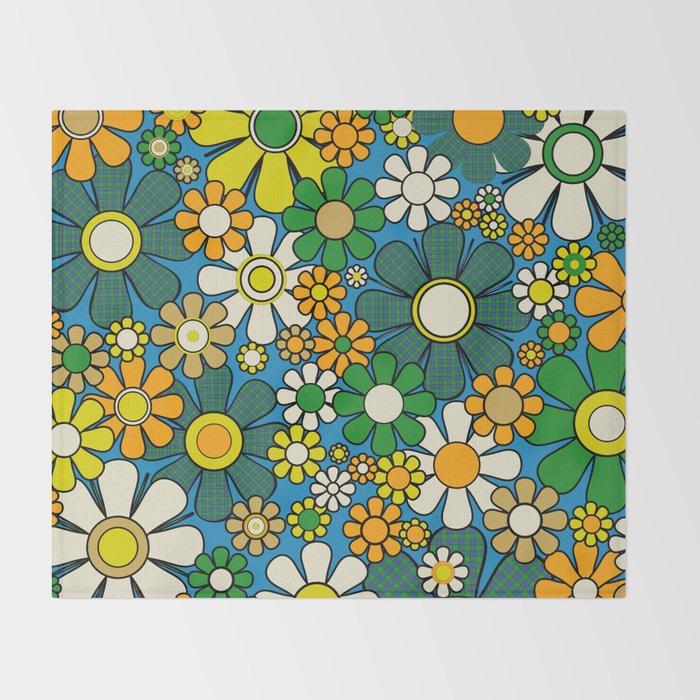 Retro Garden Groovy Maximalist Gingham Flowers 60s 70s Floral Pattern Green Blue Orange Yellow Throw Blanket Gallery Image 2