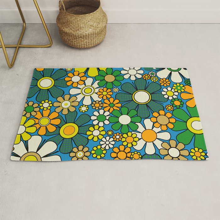 Retro Garden Groovy Maximalist Gingham Flowers 60s 70s Floral Pattern Green Blue Orange Yellow Rug Gallery Image 1