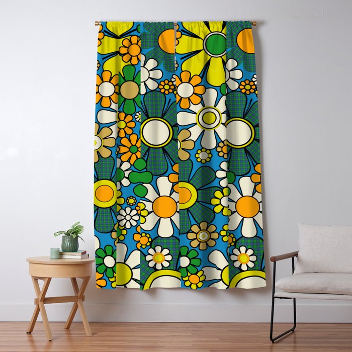 Retro Garden Groovy Maximalist Gingham Flowers 60s 70s Floral Pattern Green Blue Orange Yellow Window Curtain Gallery Image 1