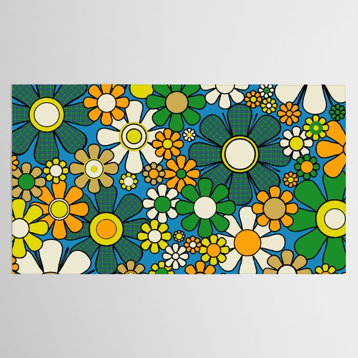 Retro Garden Groovy Maximalist Gingham Flowers 60s 70s Floral Pattern Green Blue Orange Yellow Tablecloth Gallery Image 2