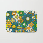 Retro Garden Groovy Maximalist Gingham Flowers 60s 70s Floral Pattern Green Blue Orange Yellow Bath Mat Gallery Image 1
