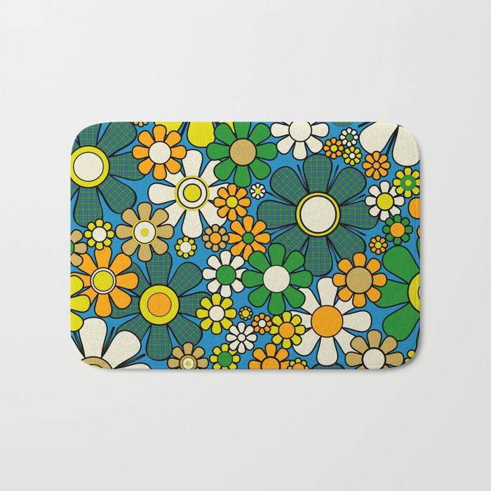 Retro Garden Groovy Maximalist Gingham Flowers 60s 70s Floral Pattern Green Blue Orange Yellow Bath Mat Gallery Image 1