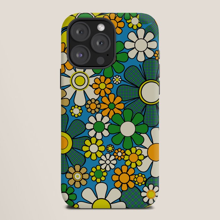 Retro Garden Groovy Maximalist Gingham Flowers 60s 70s Floral Pattern Green Blue Orange Yellow iPhone Case Gallery Image 12