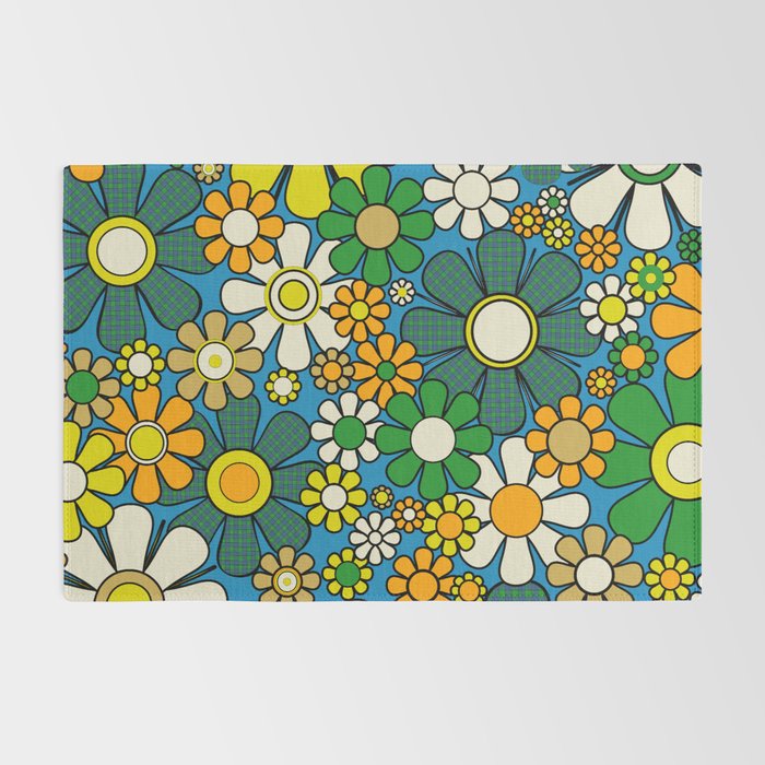 Retro Garden Groovy Maximalist Gingham Flowers 60s 70s Floral Pattern Green Blue Orange Yellow Rug Gallery Image 2