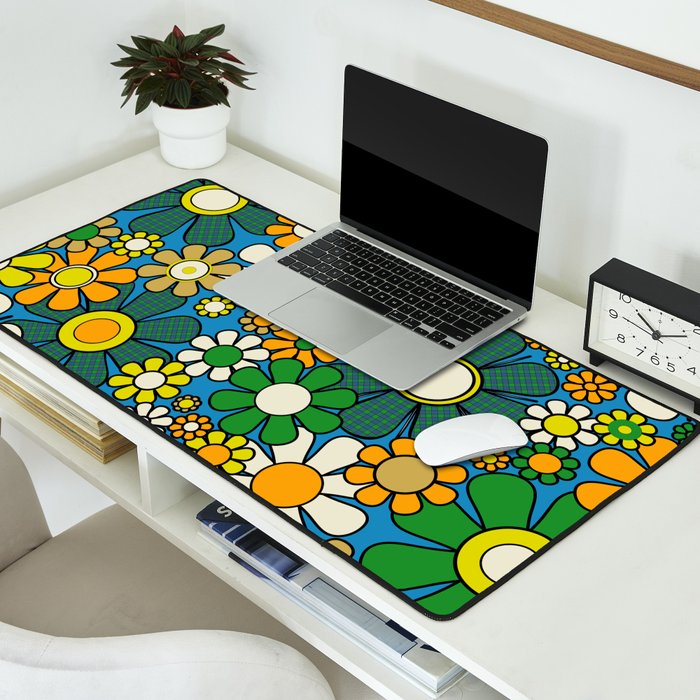 Retro Garden Groovy Maximalist Gingham Flowers 60s 70s Floral Pattern Green Blue Orange Yellow Desk Mat Gallery Image 2