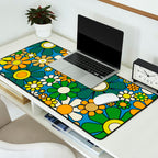 Retro Garden Groovy Maximalist Gingham Flowers 60s 70s Floral Pattern Green Blue Orange Yellow Desk Mat Gallery Image 2