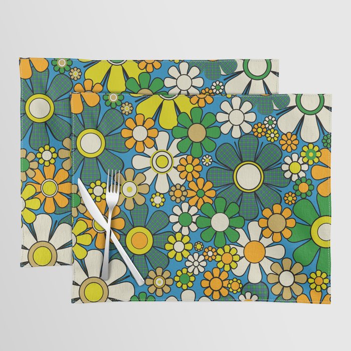 Retro Garden Groovy Maximalist Gingham Flowers 60s 70s Floral Pattern Green Blue Orange Yellow Placemat Gallery Image 1