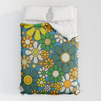 Retro Garden Groovy Maximalist Gingham Flowers 60s 70s Floral Pattern Green Blue Orange Yellow Duvet Cover Gallery Image 6