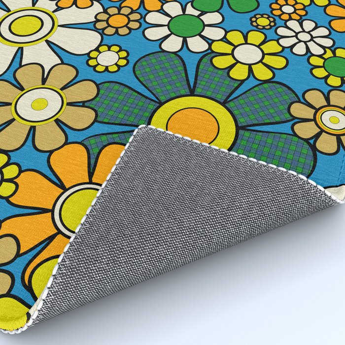 Retro Garden Groovy Maximalist Gingham Flowers 60s 70s Floral Pattern Green Blue Orange Yellow Rug Gallery Image 4