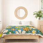 Retro Garden Groovy Maximalist Gingham Flowers 60s 70s Floral Pattern Green Blue Orange Yellow Duvet Cover Gallery Image 3