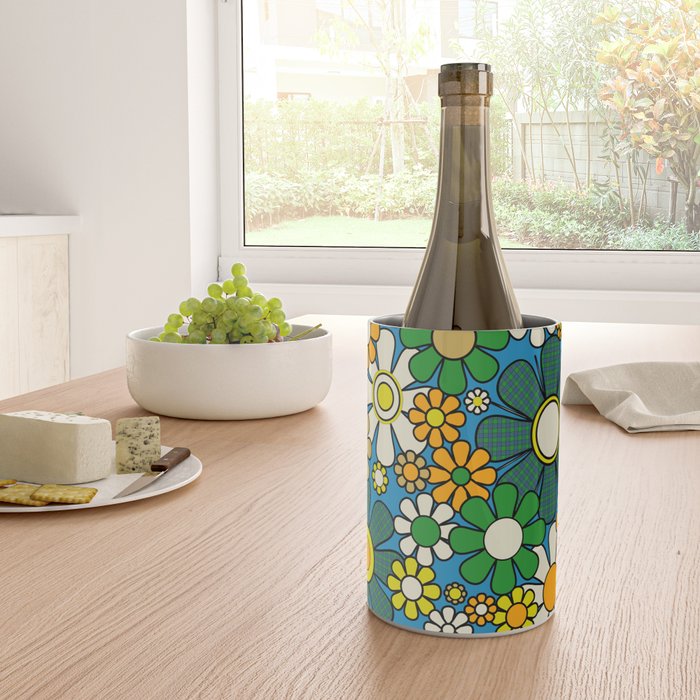 Retro Garden Groovy Maximalist Gingham Flowers 60s 70s Floral Pattern Green Blue Orange Yellow Wine Chiller Gallery Image 4