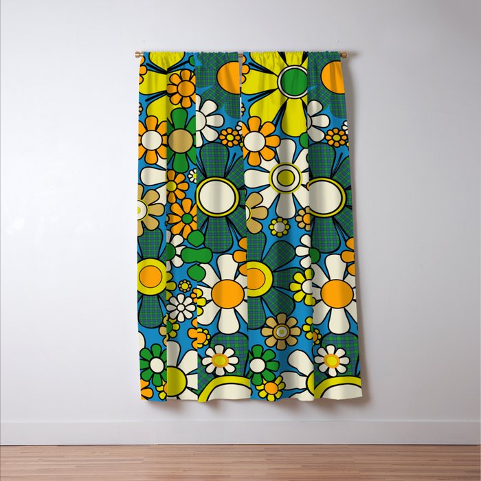 Retro Garden Groovy Maximalist Gingham Flowers 60s 70s Floral Pattern Green Blue Orange Yellow Window Curtain Gallery Image 3