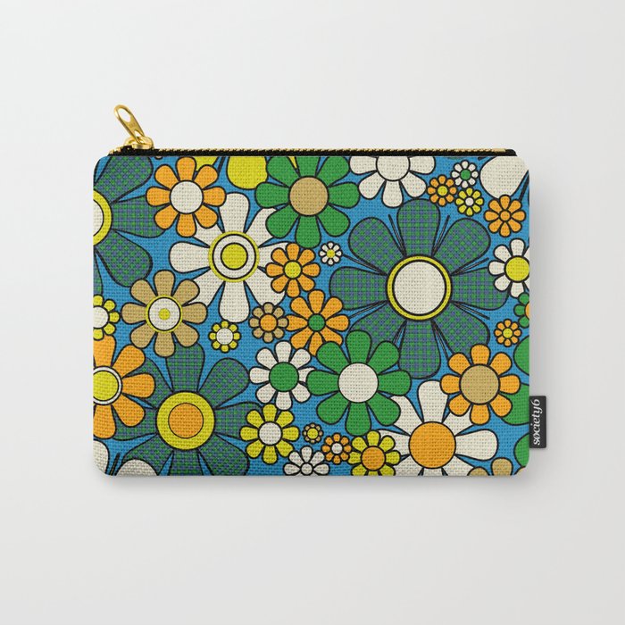 Retro Garden Groovy Maximalist Gingham Flowers 60s 70s Floral Pattern Green Blue Orange Yellow Carry All Pouch Gallery Image 1
