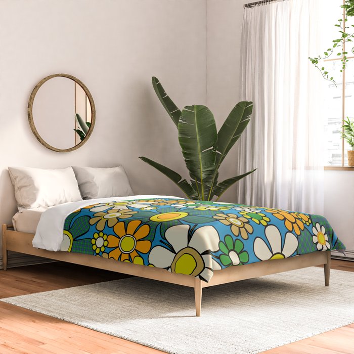 Retro Garden Groovy Maximalist Gingham Flowers 60s 70s Floral Pattern Green Blue Orange Yellow Comforter Gallery Image 2