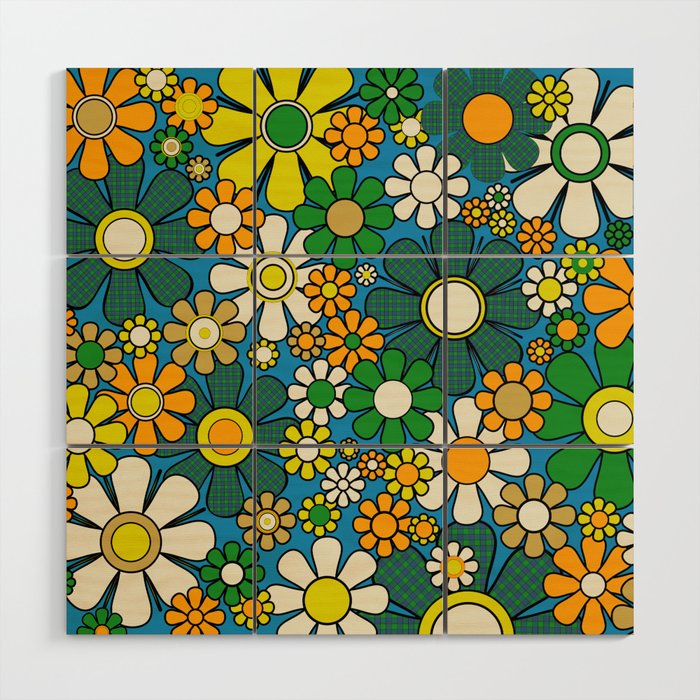 Retro Garden Groovy Maximalist Gingham Flowers 60s 70s Floral Pattern Green Blue Orange Yellow Wood Wall Art Gallery Image 1