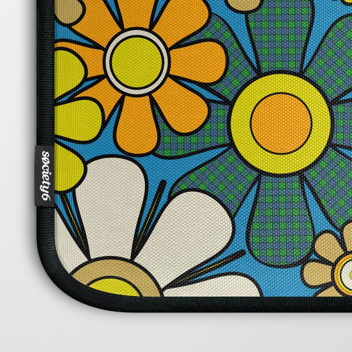 Retro Garden Groovy Maximalist Gingham Flowers 60s 70s Floral Pattern Green Blue Orange Yellow Laptop Sleeve Gallery Image 3