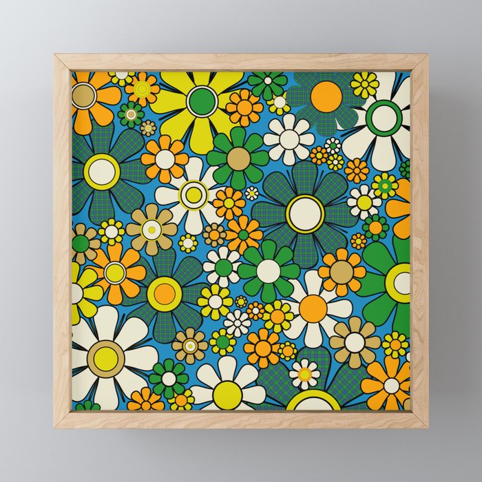 Retro Garden Groovy Maximalist Gingham Flowers 60s 70s Floral Pattern Green Blue Orange Yellow Mini Art Print Gallery Image 1