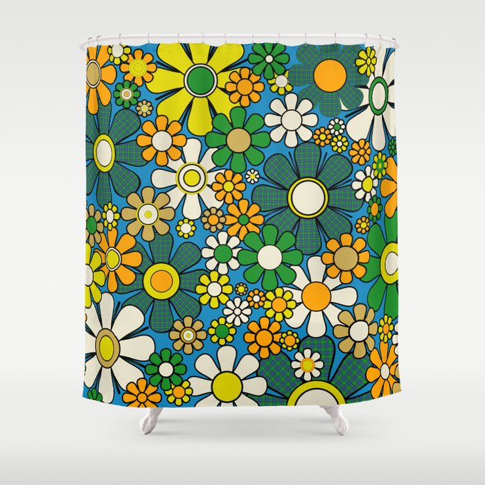 Retro Garden Groovy Maximalist Gingham Flowers 60s 70s Floral Pattern Green Blue Orange Yellow Shower Curtain Gallery Image 1